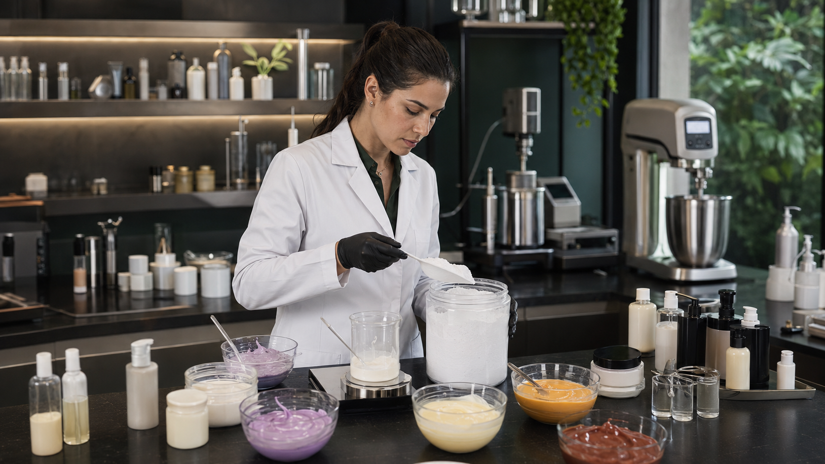 Cosmetic chemist developing professional salon products in a private-label laboratory