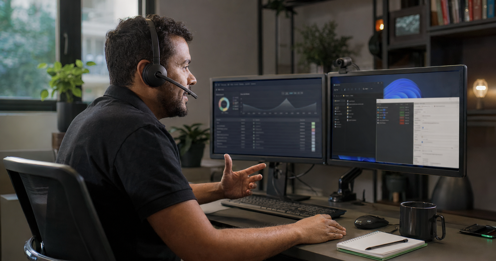 Remote technology support specialist assisting a customer by headset